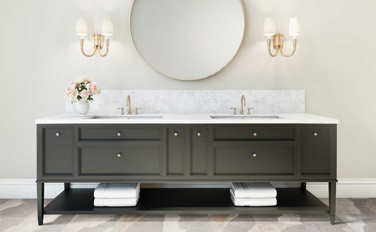 large-format stone tile in multi-color gradient in bathroom with dark wood double-sink vanity and marble tile backsplash